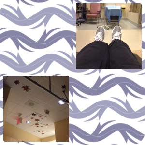 Left: the maple leafs painted on the ceiling of the CT department. Right: me waiting in my chair