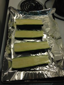 washed, ends chopped off, halved, coated in oil