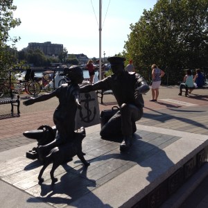 This statue is called The Homecoming and commemorates the 100th anniversary of the Canadian Navy