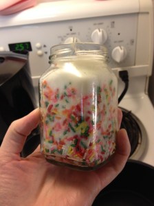 Here you can see how the sprinkles are in no way evenly placed along the side of the jar, and some melted while others didn't! 