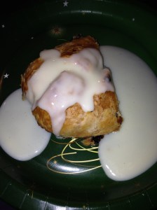 Hot apple strudel with vanilla sauce on top