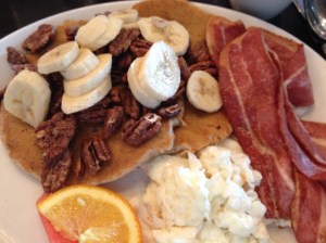 Banana Pecan Buckwheat Pancakes with turkey bacon and scrambled egg whites