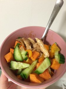 Brown rice, chicken, sweet potato, cucumber, yellow pepper and bbq sauce.